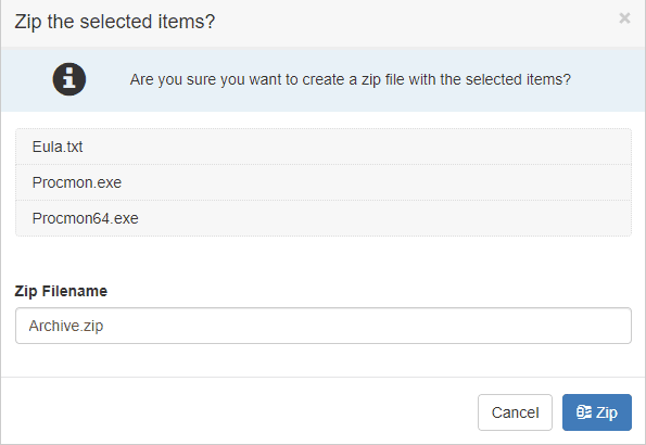 Web Client Zip Dialog without optional zip storage settings