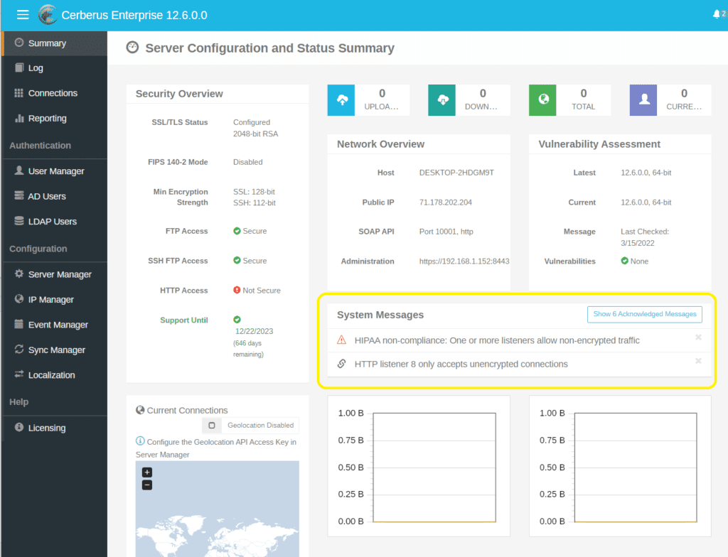 Screenshot of the Summary page highlighting the System Messages area