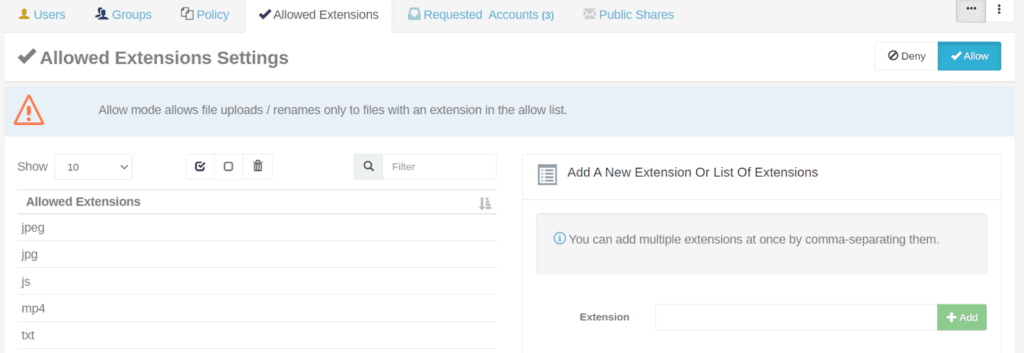 Allowed Extensions Panel