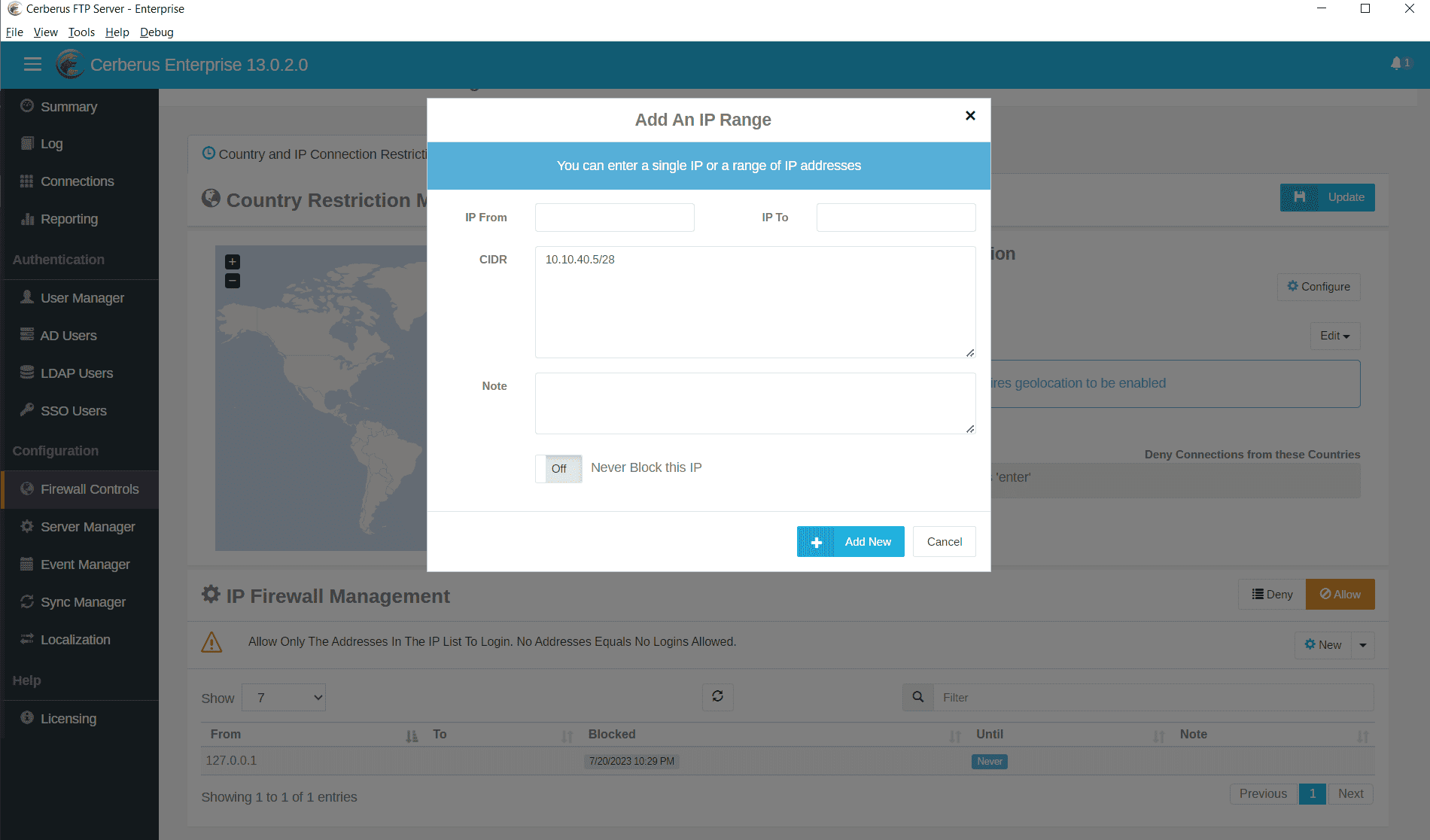 Adding an IP Range in IP Firewall Management